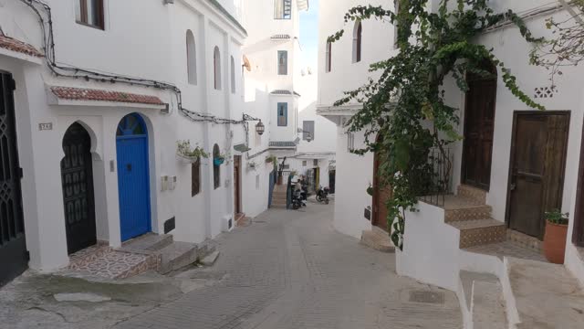 Tilt down view of peaceful Alleyway in Tangier, Narrow street in the White city, Morocco