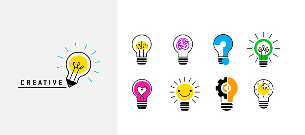 Light bulb set, creative logo vector illustration. Stylized electric lamp with different idea in simple flat minimal style.