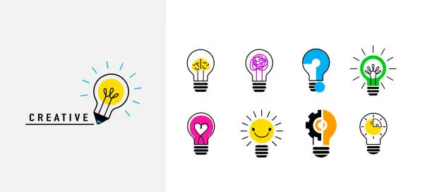 Vector illustration of Light bulb set, creative logo vector illustration. Stylized electric lamp with different idea in simple flat minimal style