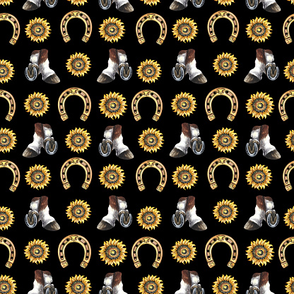 Seamless pattern with hooves, horseshoe and sunflower. Hand-painted in watercolor. On a black background. For printing, textiles and labels. For postcards, wallpaper and packaging. For the background