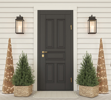Black front door with the christmas decor. Exterior mockup. 3d render.