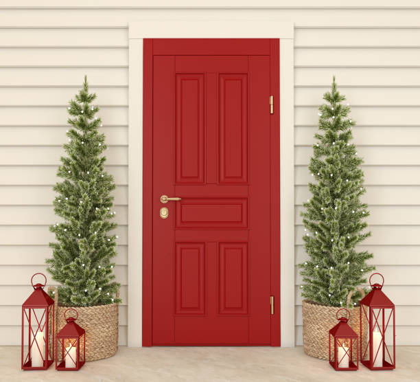 istock Red front door with the christmas decor. 3d render. 1668208084