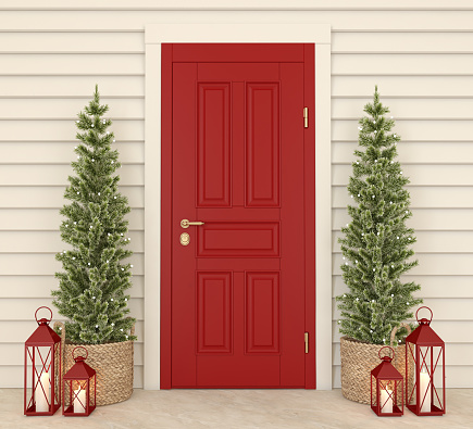 Red front door with the christmas decor. Exterior mockup. 3d render.