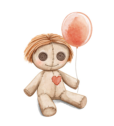 Watercolor cartoon cute funny voodoo beige rag doll with button eyes, heart and red balloon isolated on white background. Hand drawn illustration sketch