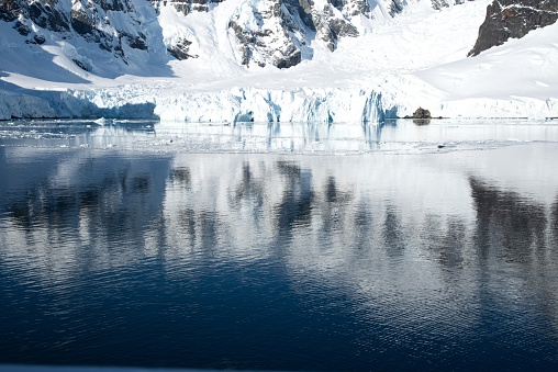 A serene cove shows the reflection of glaciers meeting the waters of the Antarctic Peninsula.