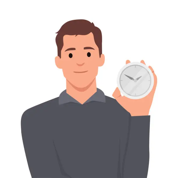 Vector illustration of Smiling man points finger at alarm clock to remind of beginning or end of lunch break. Concept time management and control over optimal use of working period.