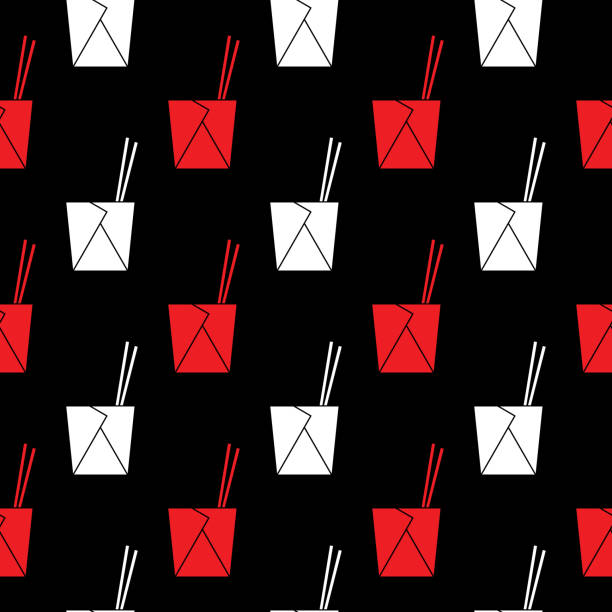 rotes und weißes chinesisches take-out-box-nahtloses muster - chopsticks nobody red white background stock-grafiken, -clipart, -cartoons und -symbole