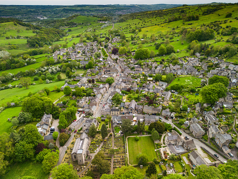 Aerial view over Winster, Peak District, UK. May.