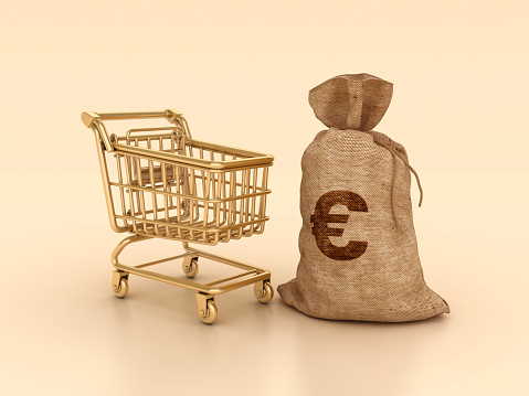 Shopping Cart with Euro Money Sack - Color Background - 3D rendering