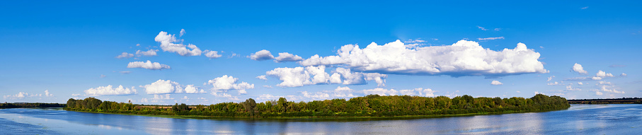 Panoramic landscape of the river on a clear sunny day