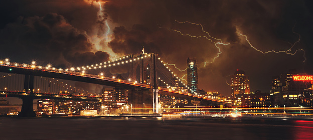 Lightning storm over the Brooklyn Bridge of New York City