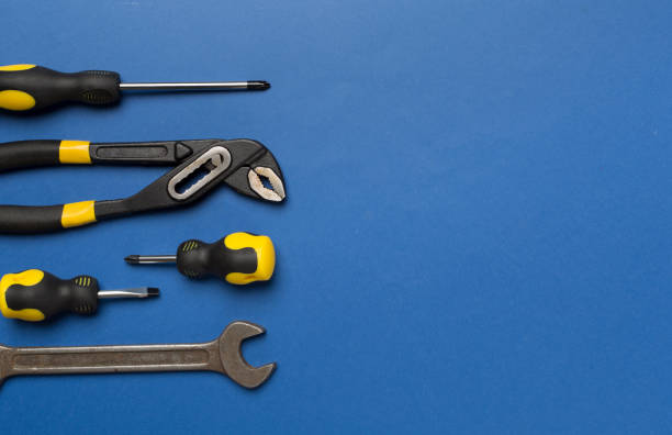 istock Set of tools on color background, top view 1668594018