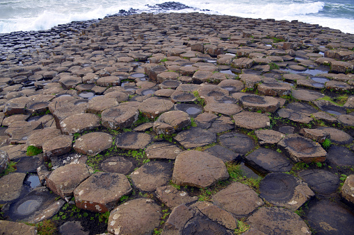 Bushmills, County Antrim, Northern Ireland, Ulster: Giant's Causeway (Irish: Clochán an Aifir) pattern of eroded hexagonal basalt columns entering the Atlantic Ocean - This area was mainly chalk when enormous amounts of highly fluid lava came to the surface from the depths some 60 million years ago. The constructive continental plate movement created rifts and oceanic spreading or sea floor spreading. This created a thick lava plateau. This lava cooled and shrank, so we still see the characteristic basalt columns today - UNESCO World Heritage Site 'The Giant's Causeway and Causeway Coast'.