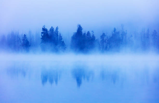 Misty reflections Reflection of trees in early morning mist - Sawtooth Mountains, Idaho Sawtooth National Recreation Area stock pictures, royalty-free photos & images