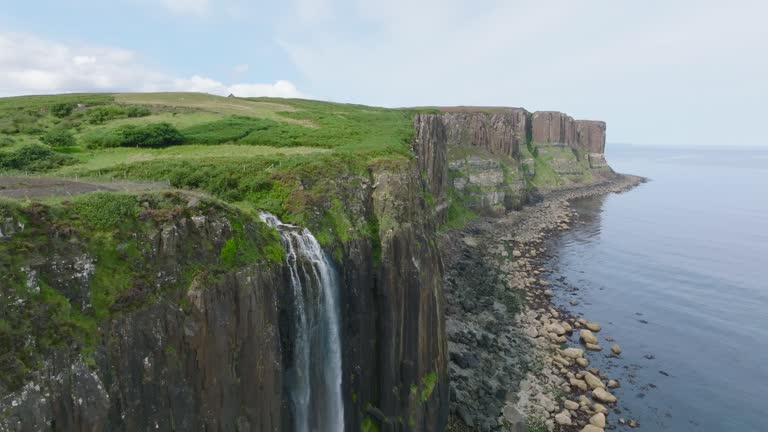 Drone view of Kilt Rock & Mealt Falls, Isle of Skye, Scotland