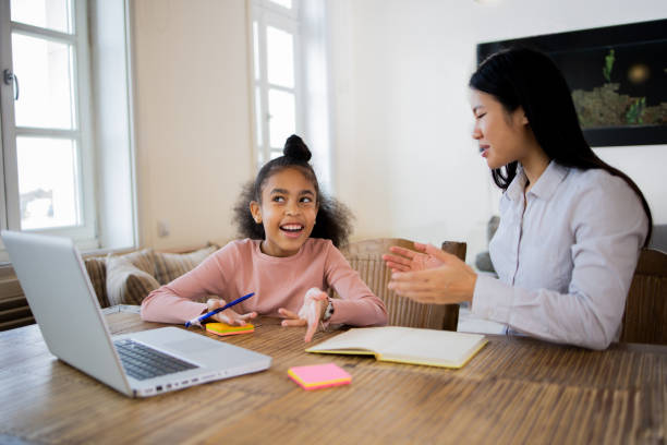 istock Little girl is learning at home with her teacher 1668724107