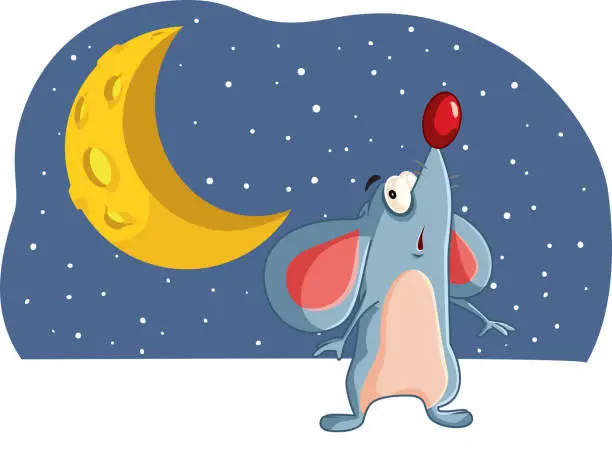 Vector illustration of Mouse Looking at the Moon Imagining Cheese Vector Cartoon