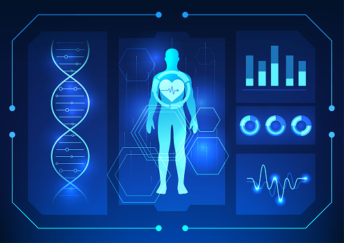 Medical technology Scans the human body along with DNA and graphs Depicts medical technology that scans the human body to diagnose diseases and treat patients.