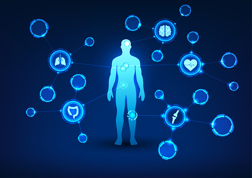 Medical technology The human body in the center is connected to a medical icon. Media holds technology combined with medicine. Provide access to the body's structure in order to diagnose disease.