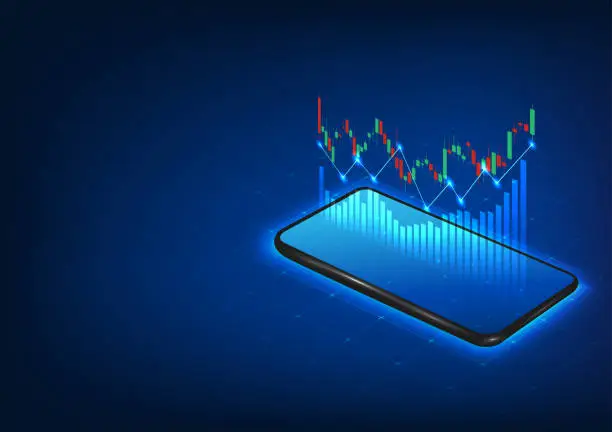Vector illustration of Smartphone technology allows you to trade stocks through your mobile phone while monitoring stock prices. Company growth It is a mobile phone that displays stock graphs.