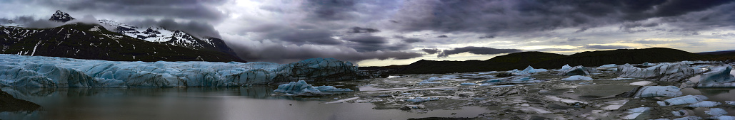 The Svínafellsjökull glacier is one of 30 outlet glaciers flowing from the Vatnajökull ice cap, which is the largest ice cap in Europe by volume and the second-largest in area.  It contains 3,100 cubic kilometres of ice.