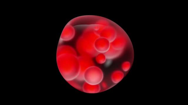 Water bubble element animation. Movement of air bubbles and red particles buzzing inside. on black background. Anima., 3d render.