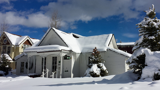 Breckenridge, Colorado - February 2, 2014: Snow covered buildings downtown on a clear blue sky day.