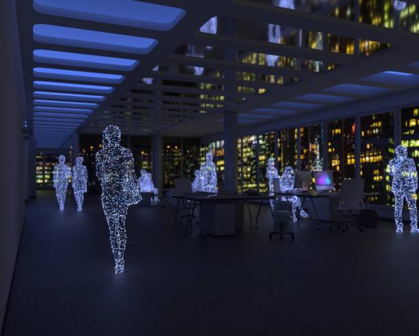 istock Teamwork in metaverse with Cyber City skyline 1669056833