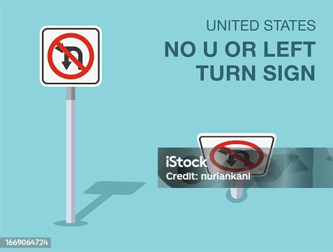 istock Traffic regulation rules. Isolated United States no u or left turn sign. Front and top view. Vector illustration template. 1669064724