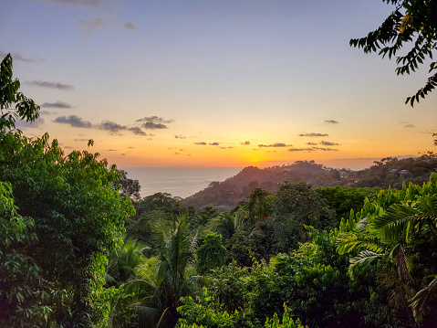 Sunset over a tropical rainforest