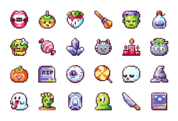 pixel-art-halloween-icon-set. verpixelte halloween-aufkleber im 8-bit-stil - kürbis, vampir, zombie, totenkopf, leckerli-süßigkeiten, grab, grab, magischer kristall, kerze, katze, trank, gruselige blutige elemente. - video game skull monster 1980s style stock-grafiken, -clipart, -cartoons und -symbole