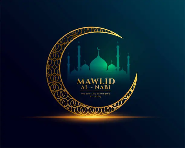 Vector illustration of islamic mawlid al nabi event card with moon and mosque design