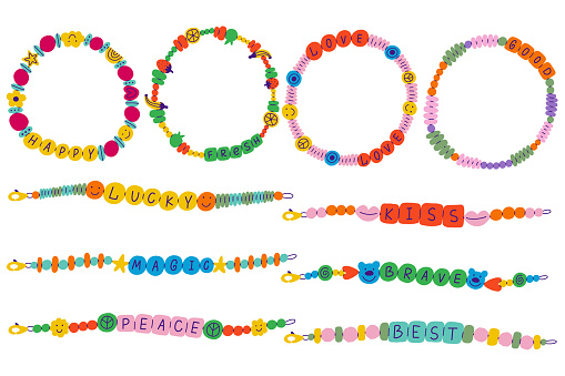 Set Funky Bracelet. Handmade collection love plastic beads kidcore Y2K jewelry. Vector elements hand drawn 90s style.