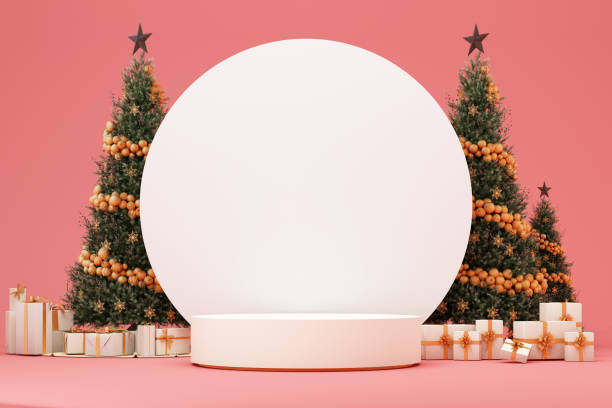 istock 3D background gift, open box podium display for beauty product, cosmetic presentation. Present with gold ribbon. Beige, round banner with Christmas tree. 3D render, new year shopping mockup. 1669096144