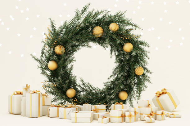 istock 3D background gift, open box podium display for beauty product, cosmetic presentation. Present with gold ribbon. Beige, round banner with Christmas tree. 3D render, new year shopping mockup. 1669098979