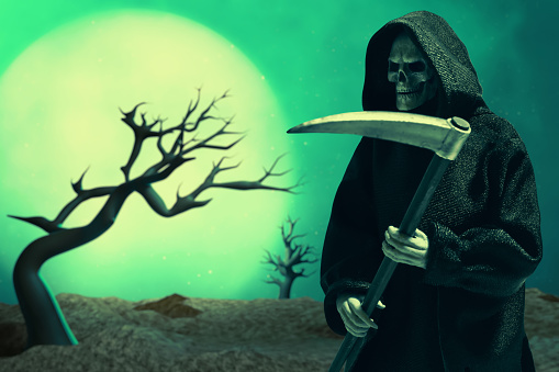 Grim reaper with scythe on graveyard cemetery with full moon background