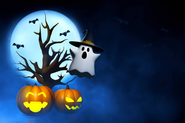 Cartoon funny white ghost sheet with witch hat and smile pumpkin glowing face with full moon and flying bat on blue smoke background 3d illustration