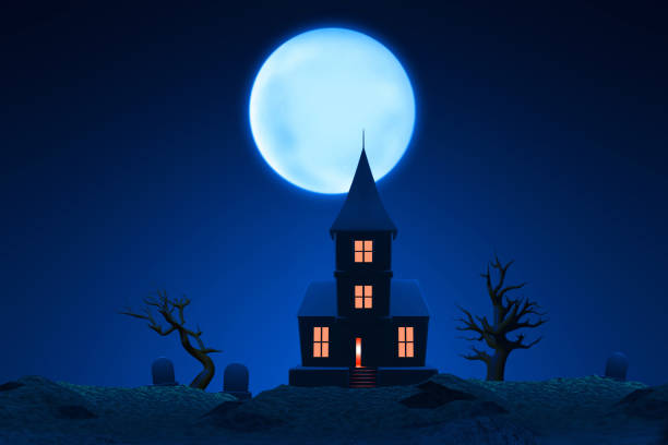 istock Cartoon haunted house on graveyard cemetery with full moon 3d illustration 1669120302