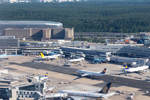Frankfurt, Germany - June 13, 2014: Lufthansa aircraft at the apron of Frankfurt international airport.