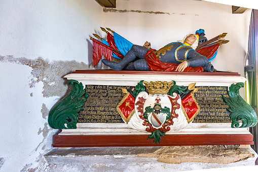 Netzelkow, Germany - April 21, 2014: old church of Mary in Netzelkow with sarcophagus of Christian Carl von Lepel, an officer in the 16th century.