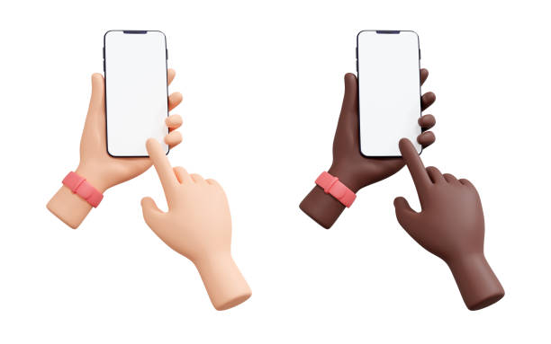 istock Hand holding mobile phone 3d render illustration set - human hand with telephone with empty screen. 1669135136
