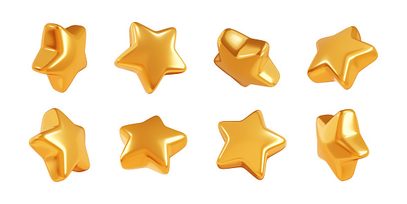 Floating golden glossy star in different angles 3d illustration collection. Flying gold star-shaped design element for rating or winner concept. Symbol of best rating and customer satisfaction.