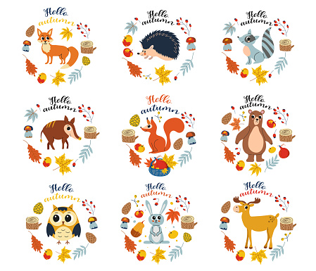 Woodland animals set. Cartoon animals, hand drawing lettering. Card with leaves, autumn elements and cute forest animals on white background.Design for cards, print, poster, scrapbooking