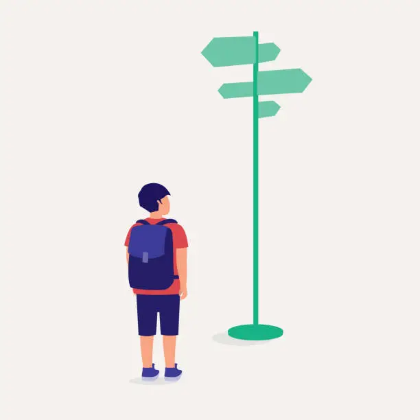 Vector illustration of Little Schoolboy Standing And Looking At The Road Sign, Undecided Which Direction To Choose.