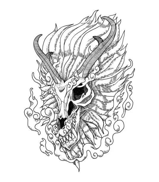 Vector illustration of Dragon Skull Hand Drawn
