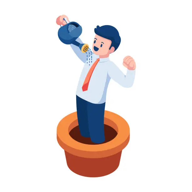 Vector illustration of Isometric Businessman in Flowerpot Watering Himself