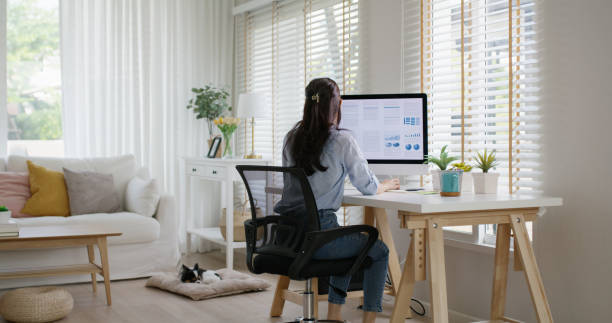 Smart Gen Z tech talent workforce typing SEO sale report on desktop PC happy work easy relax at home office. Remote WFH reskill upskill job MBA study of young people asia woman examine big data graph.