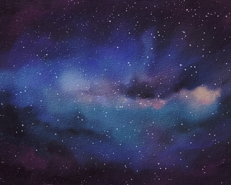Cosmic backdrop. Starlit night sky. Gleaming galaxies of the far-reaching cosmos. Nocturnal fantasy. Serene shades of blue, green, and pink hues. watercolor illustration with astral elements.