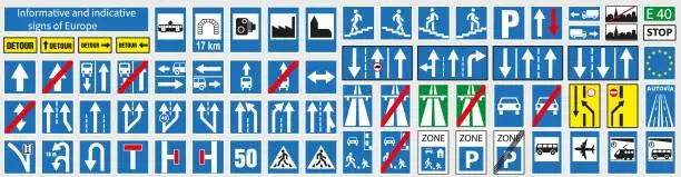 Vector illustration of Road signs. Vector European set of information road signs. Set of road signs.