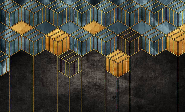 istock 3d modern minimalist mural wallpaper. Golden lines, pattern cubes on black marble background. Interior bedroom wall home decoration 1669266030